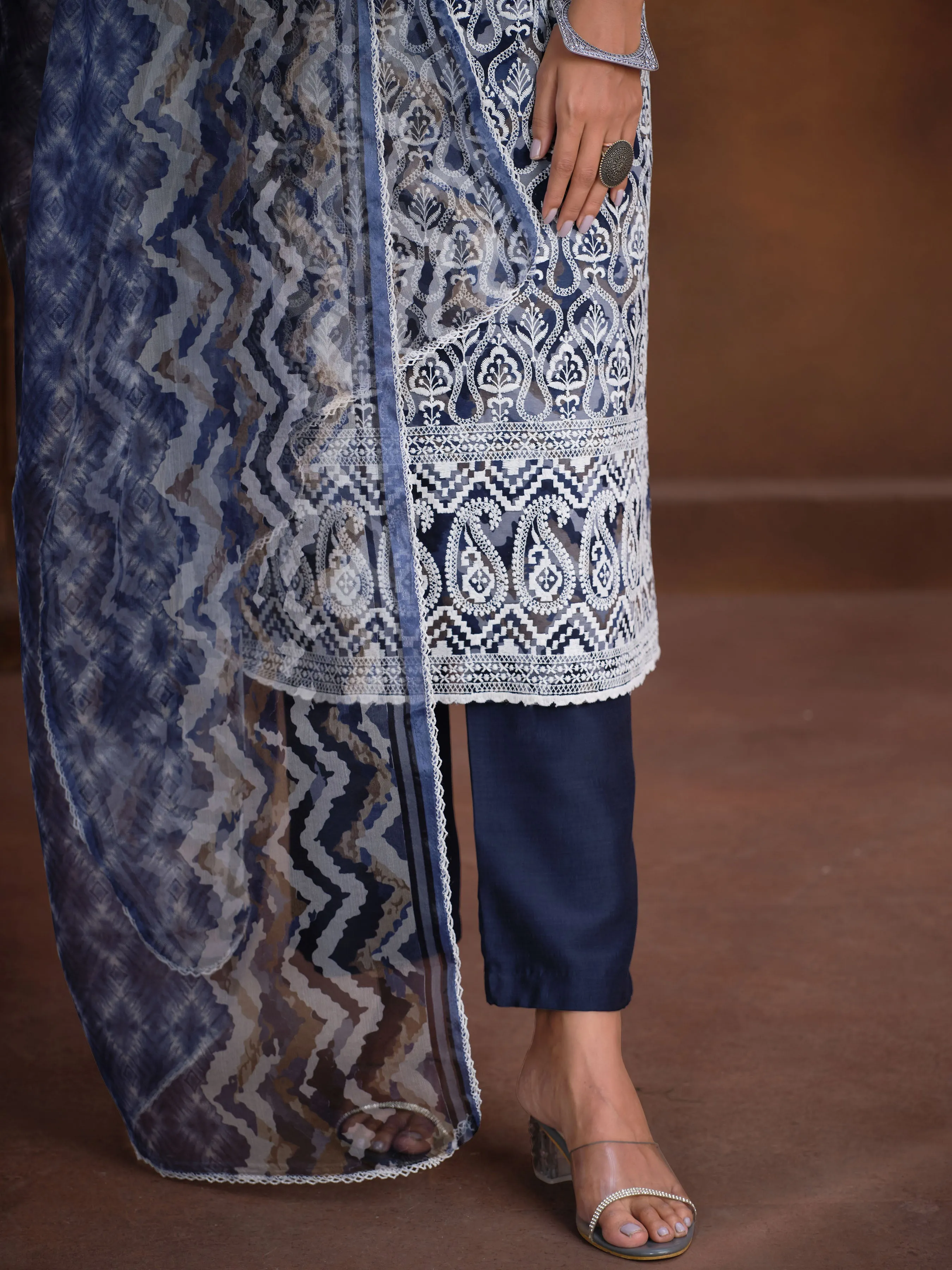 Ethnic Motifs Embroidered Square Neck Chikankari Kurta with Trousers & With Dupatta