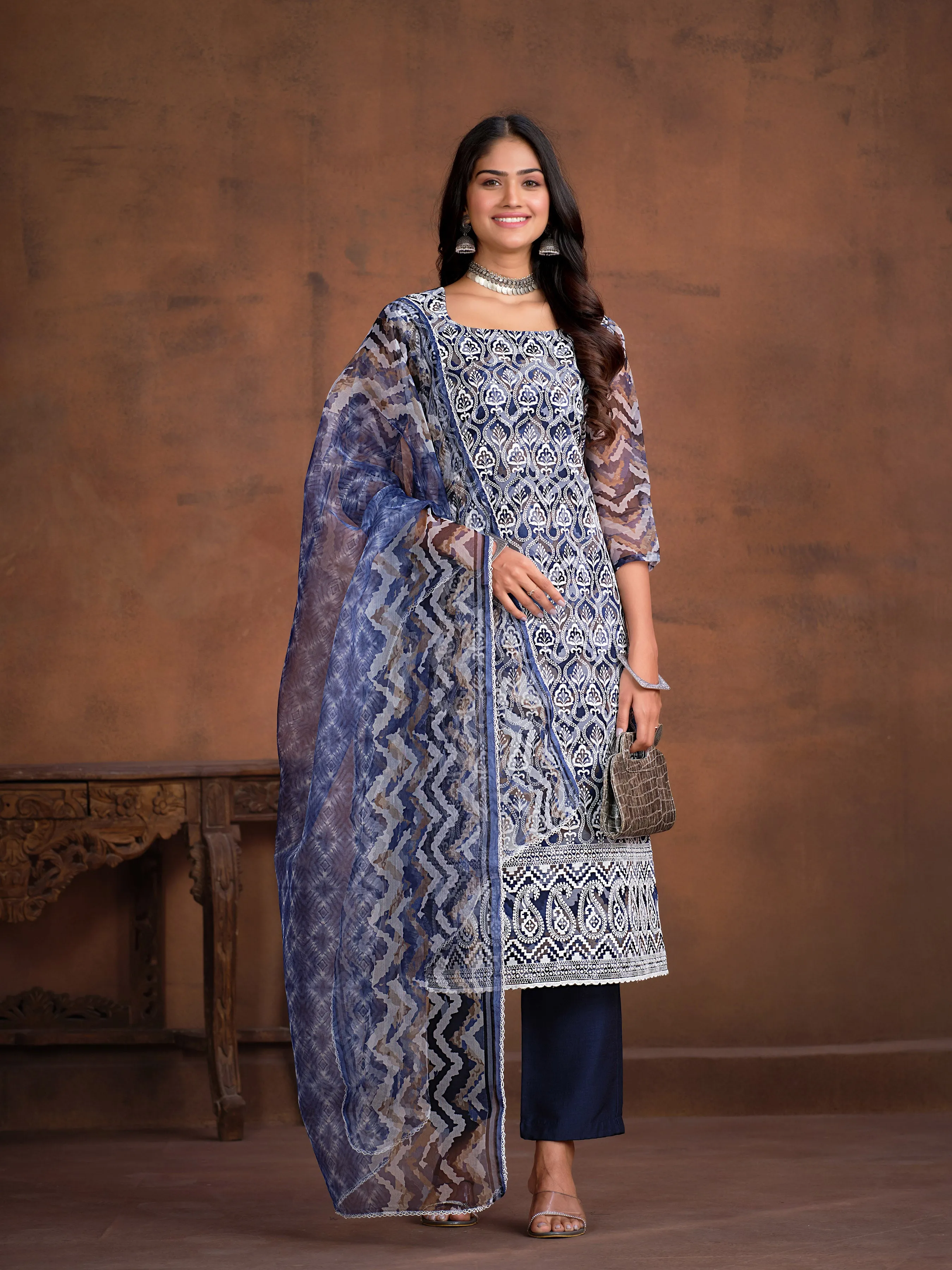 Ethnic Motifs Embroidered Square Neck Chikankari Kurta with Trousers & With Dupatta