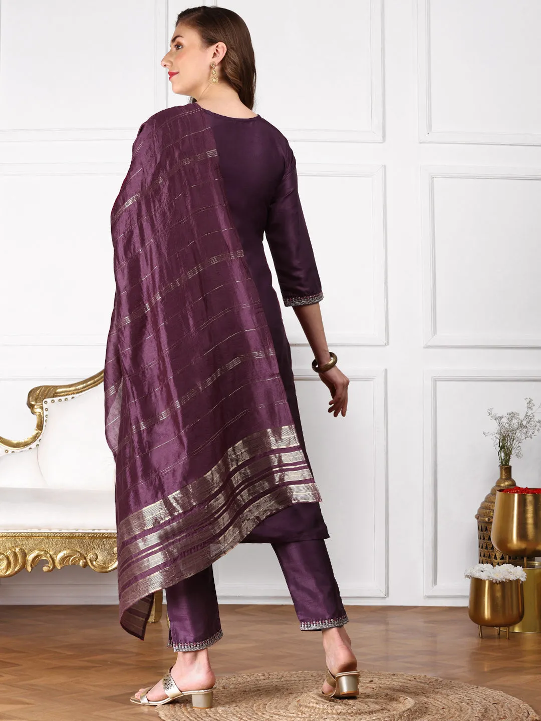 Ethnic Motifs Embroidered Straight Kurta & Trousers With Dupatta