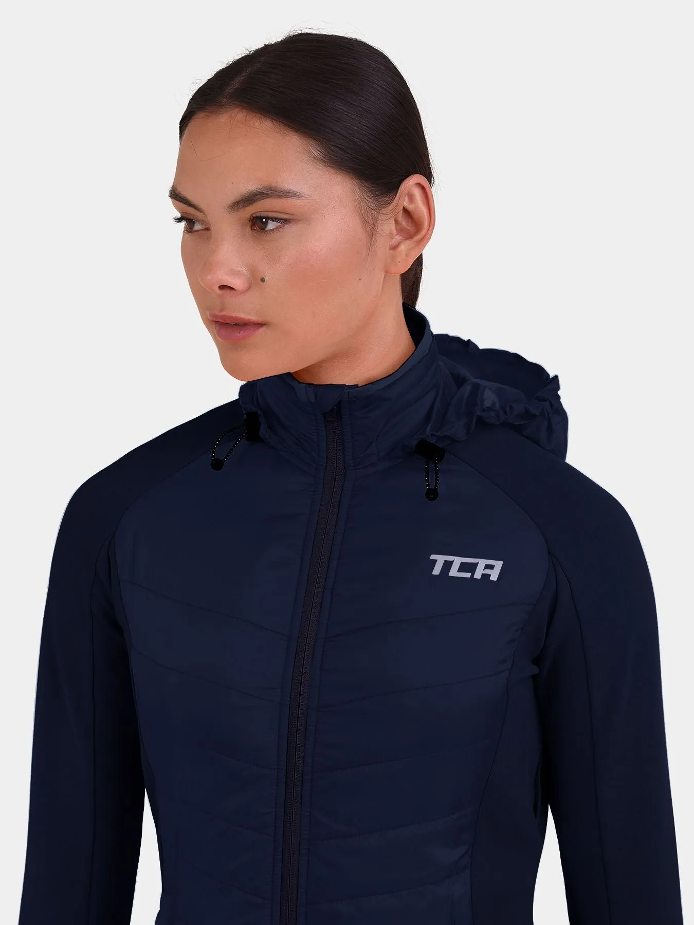 Excel Running Padded Packable Hooded Jacket For Women With Thumbholes, Underarm Ventilation Zips, Zip Pockets & Reflective Strips