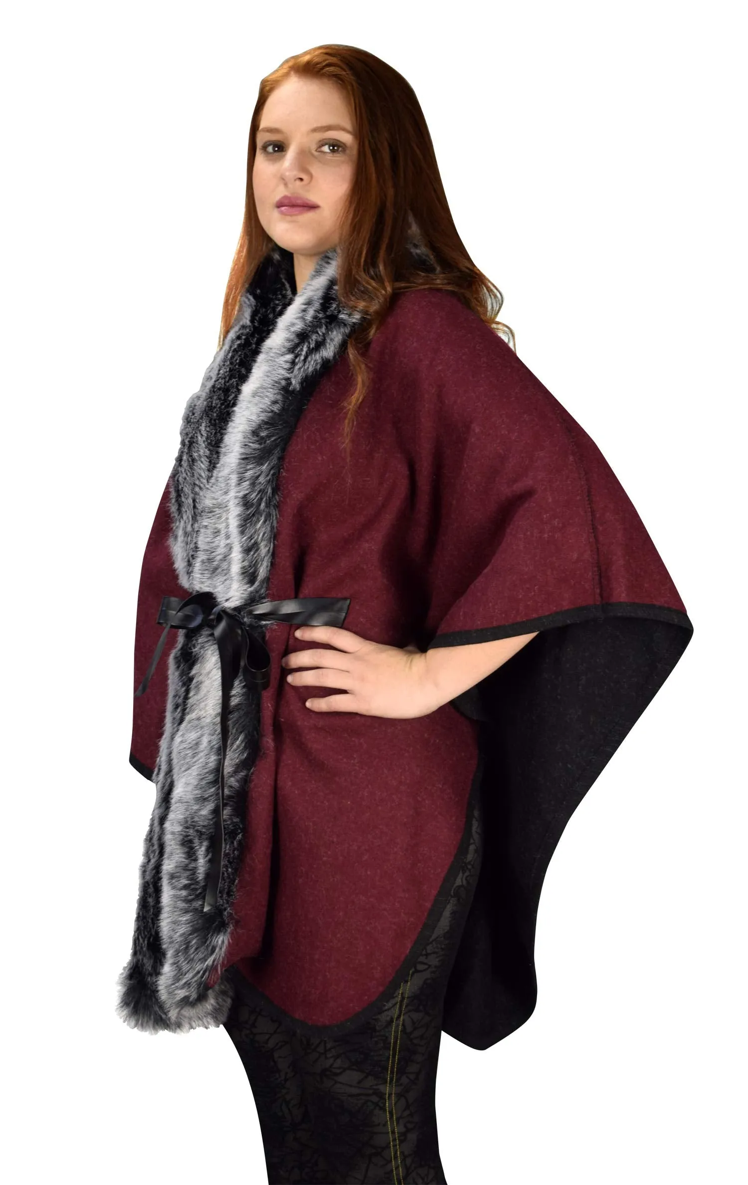 Faux Fur Poncho Extra Belt Sweater Relaxed Fit Pullover Warm Cover Up