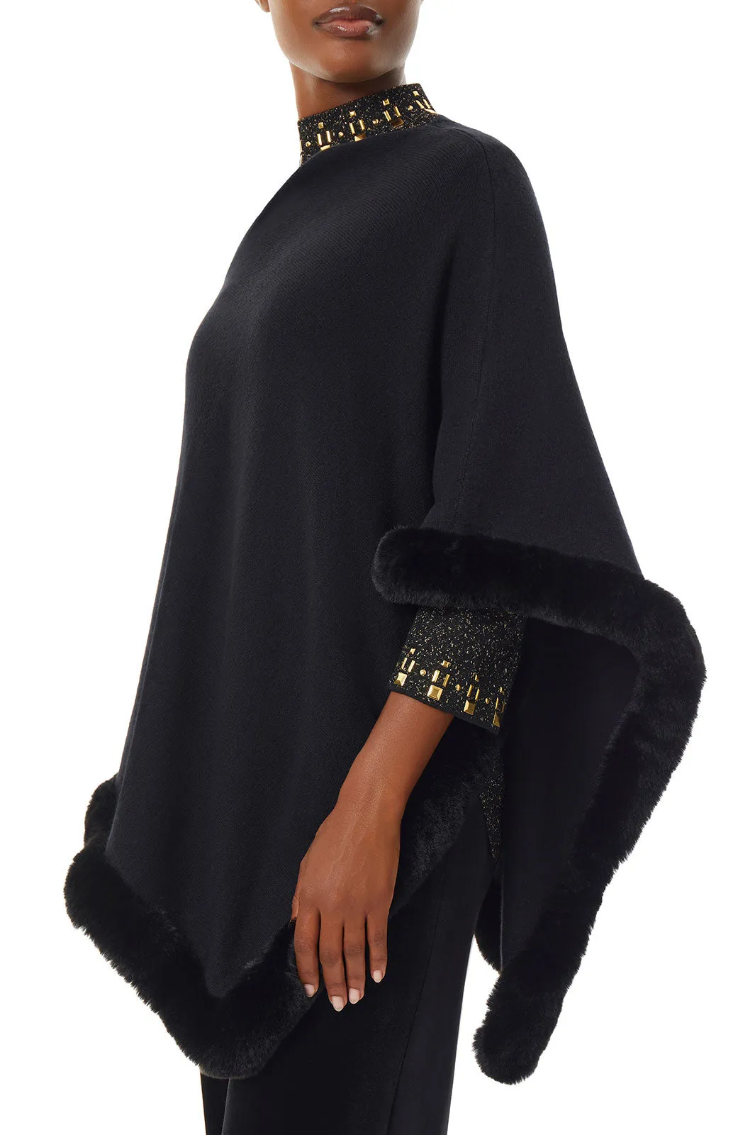 Faux Fur Trim Knit Cape