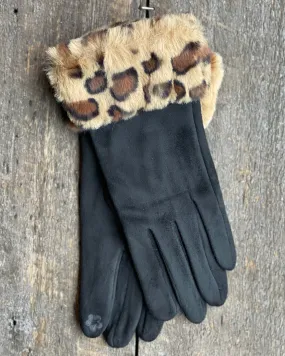 Faux Suede Gloves with Faux Fur Leopard Cuff - Black