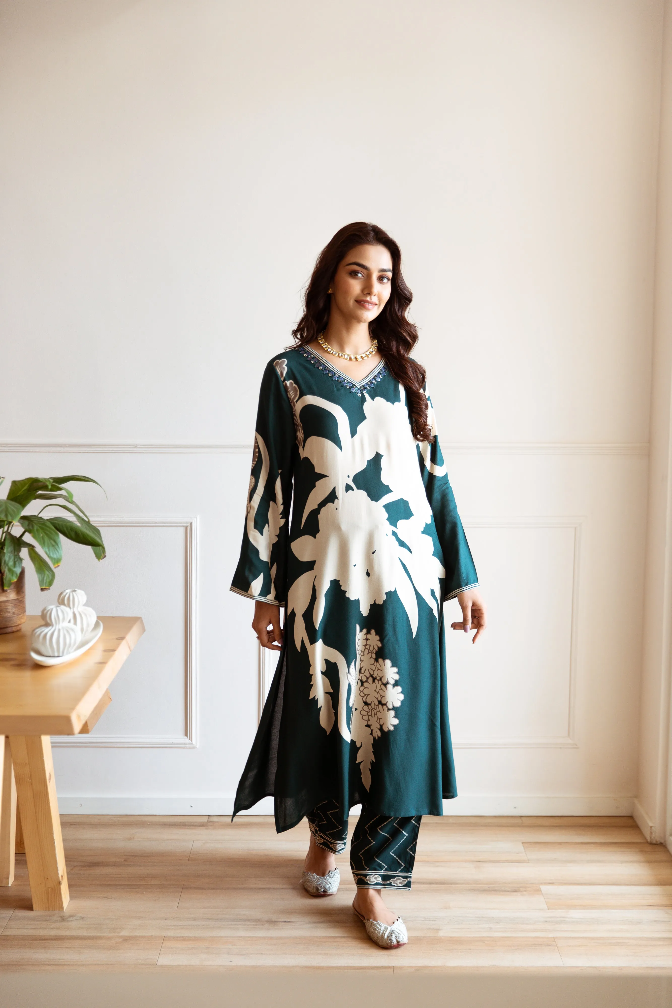 Floral Placement Printed Rayon Kurta with Embellished Detail paired with Pant