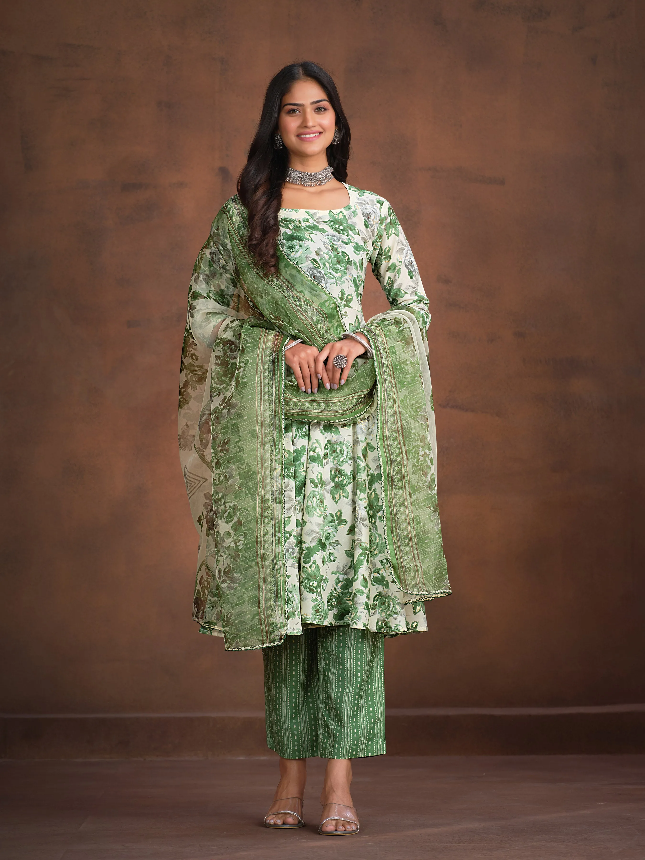 Floral Printed A-line Kurta with Trousers & Printed Dupatta