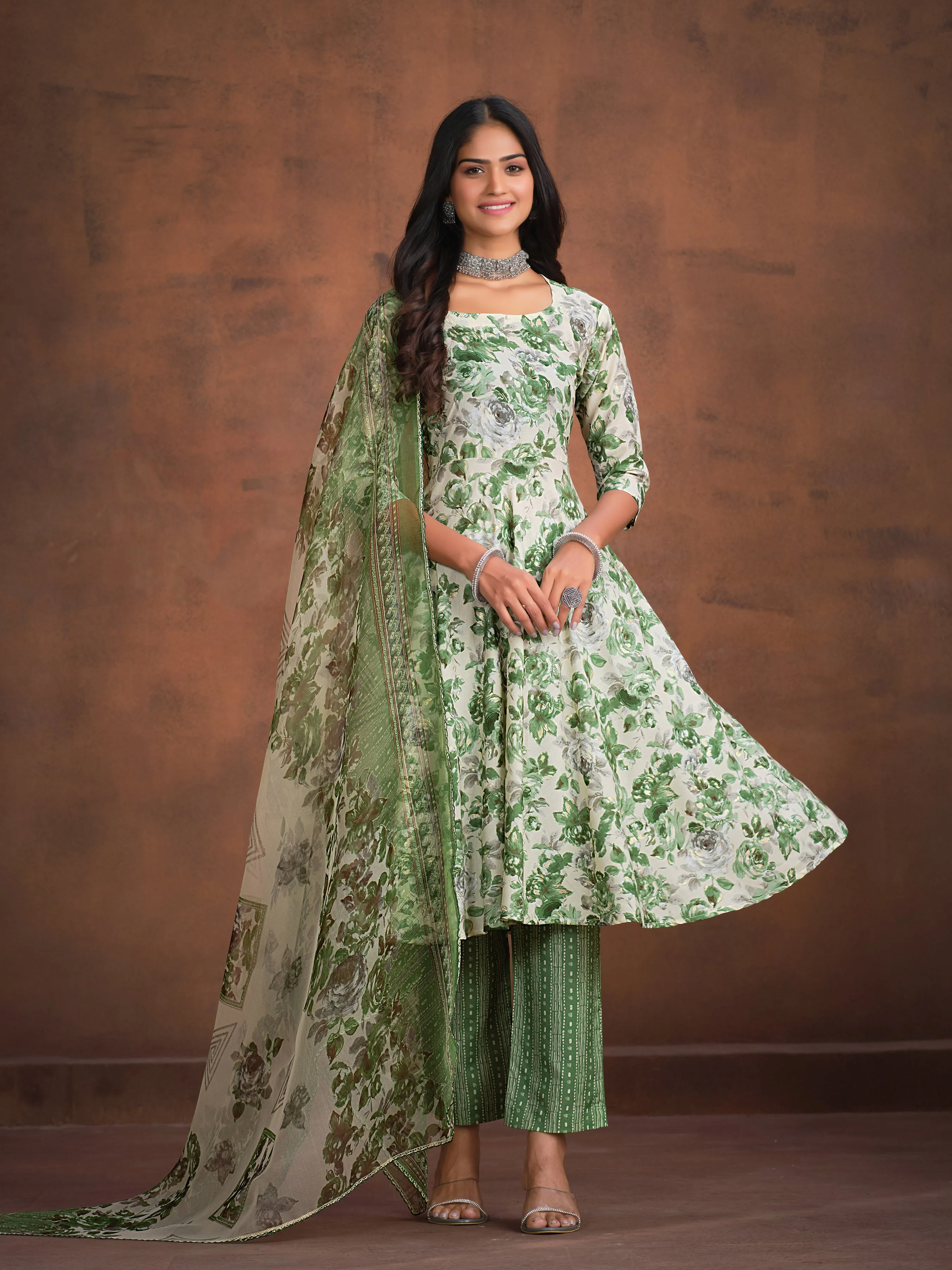 Floral Printed A-line Kurta with Trousers & Printed Dupatta