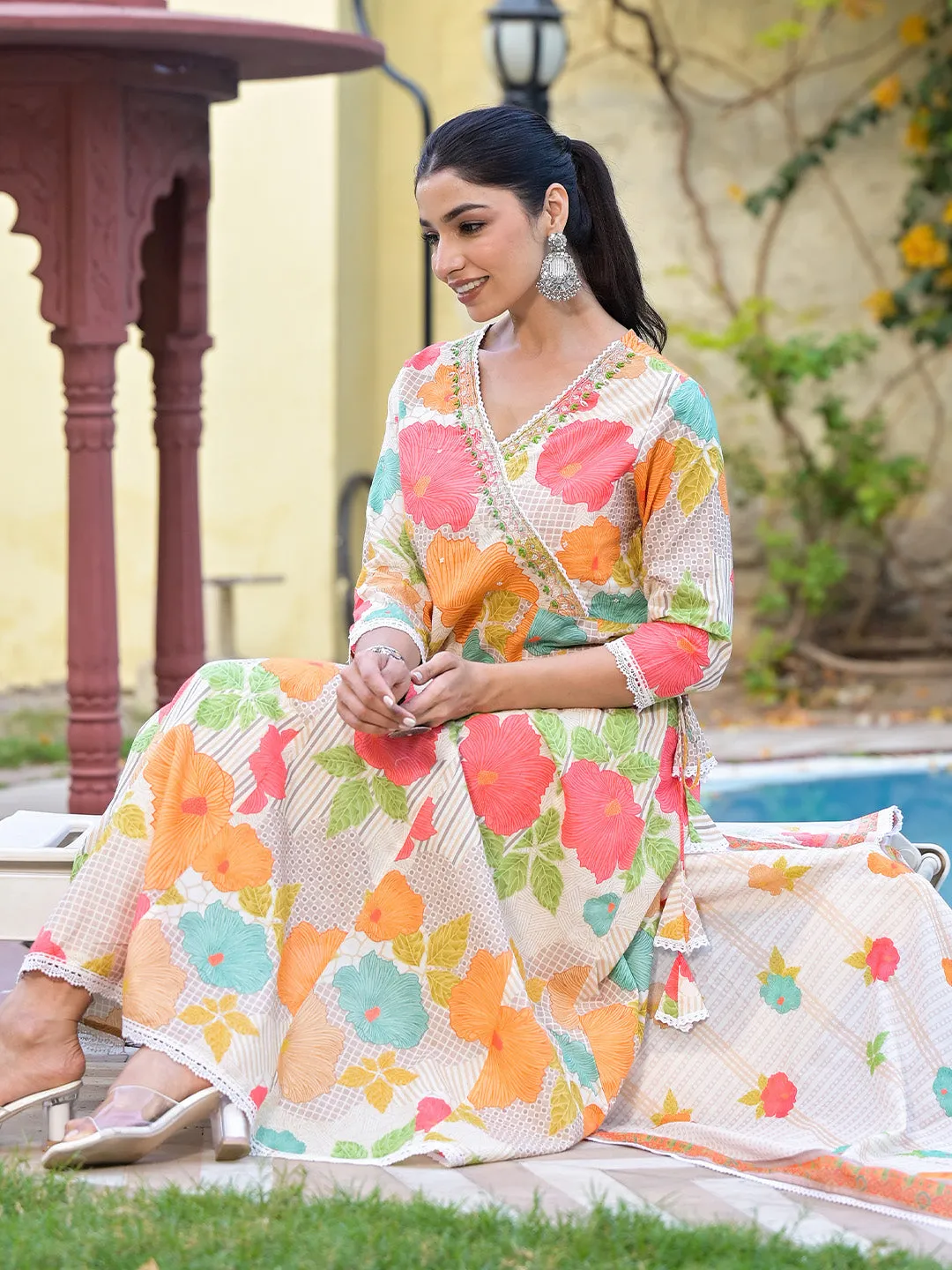 Floral Printed Angrakha Beads and Stones Anarkali Kurta With Trouser & Dupatta