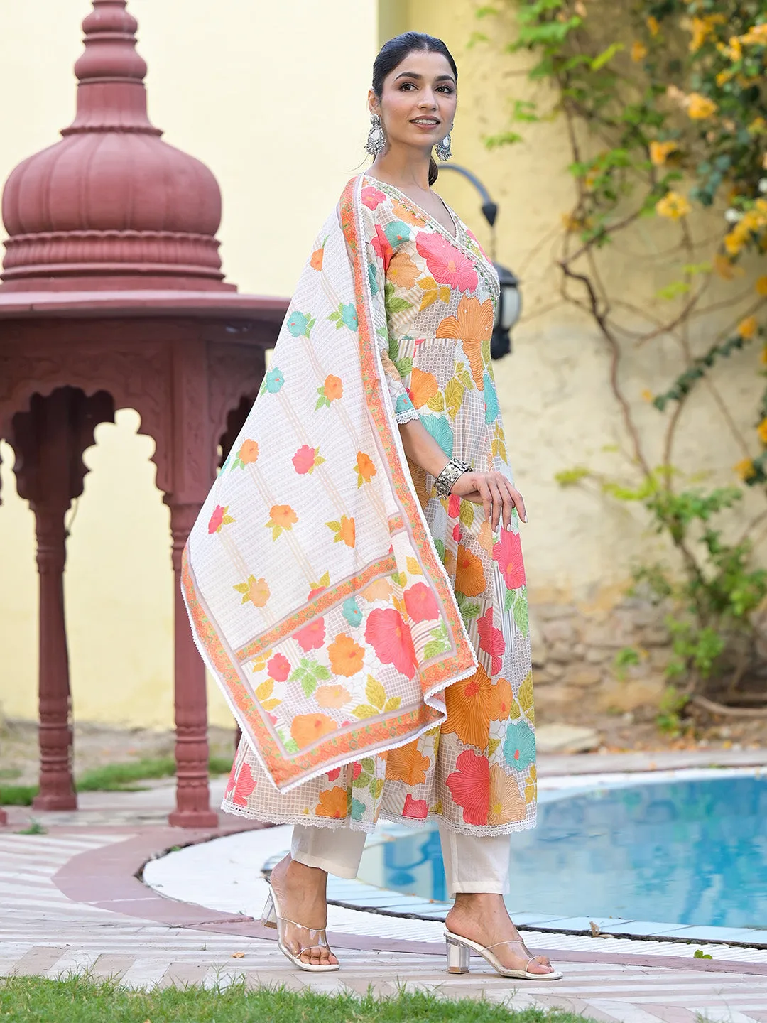 Floral Printed Angrakha Beads and Stones Anarkali Kurta With Trouser & Dupatta