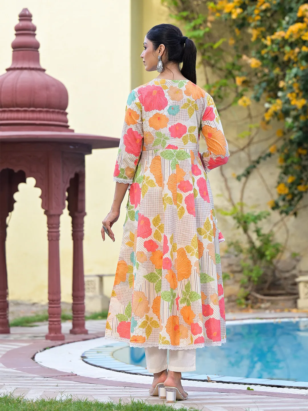 Floral Printed Angrakha Beads and Stones Anarkali Kurta With Trouser & Dupatta