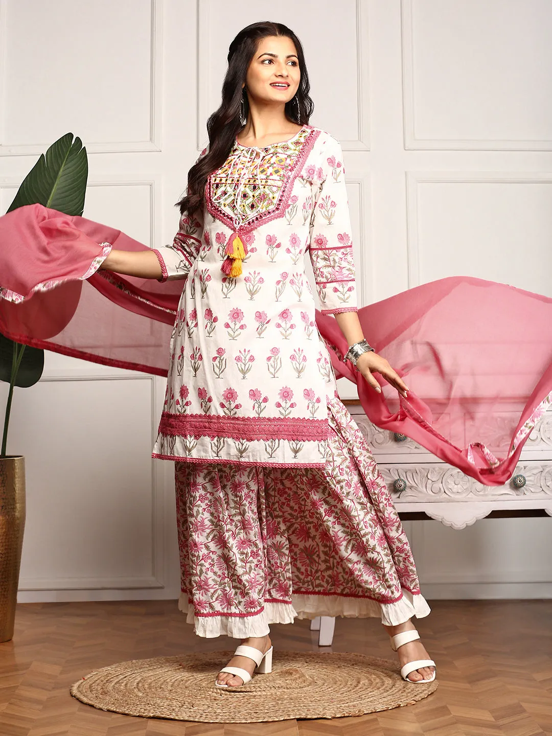 Floral Printed Mirror work Cotton Tie-Up Kurta Paired with Sharara and Dupatta