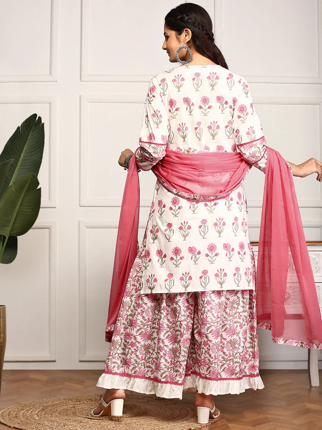 Floral Printed Mirror work Cotton Tie-Up Kurta Paired with Sharara and Dupatta