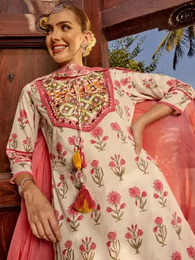 Floral Printed Mirror work Cotton Tie-Up Kurta Paired with Sharara and Dupatta