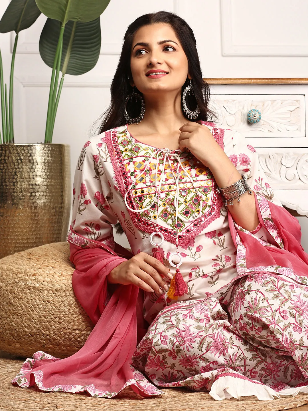 Floral Printed Mirror work Cotton Tie-Up Kurta Paired with Sharara and Dupatta