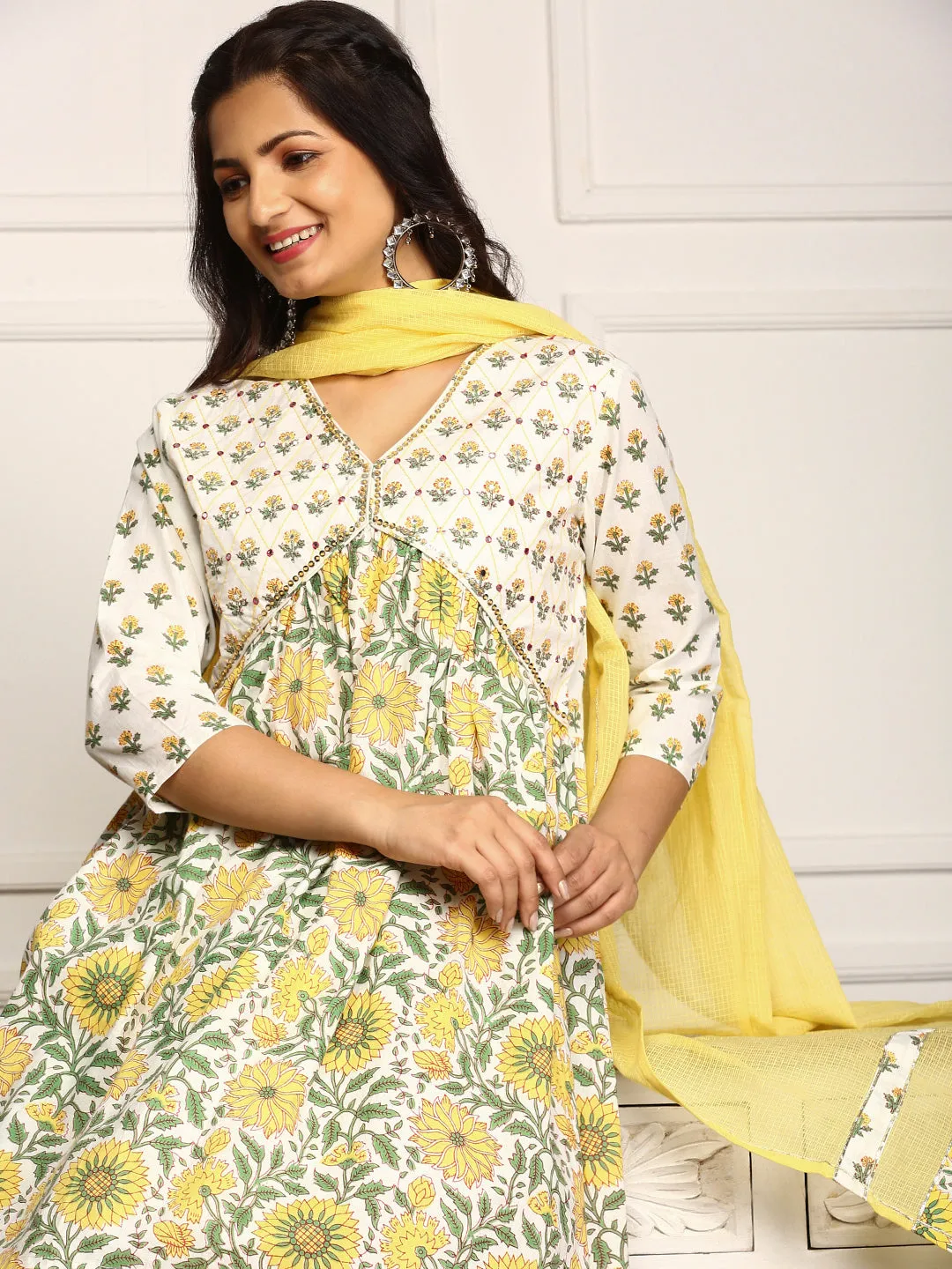 Floral Printed Sequinned Pleated V-Neck Pure Cotton Kurta With Sharara & Dupatta