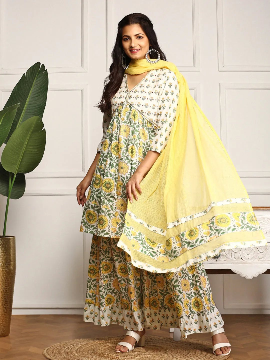 Floral Printed Sequinned Pleated V-Neck Pure Cotton Kurta With Sharara & Dupatta