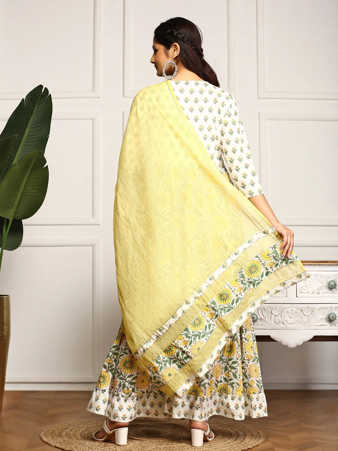 Floral Printed Sequinned Pleated V-Neck Pure Cotton Kurta With Sharara & Dupatta