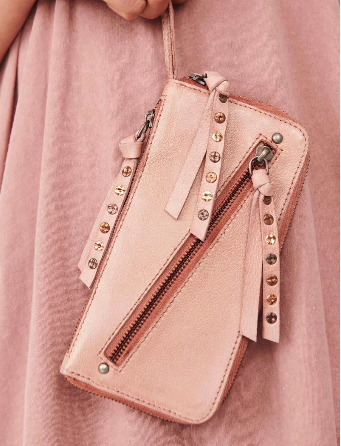 Free People Distressed Leather Wallet in Black, Stone White and Pink