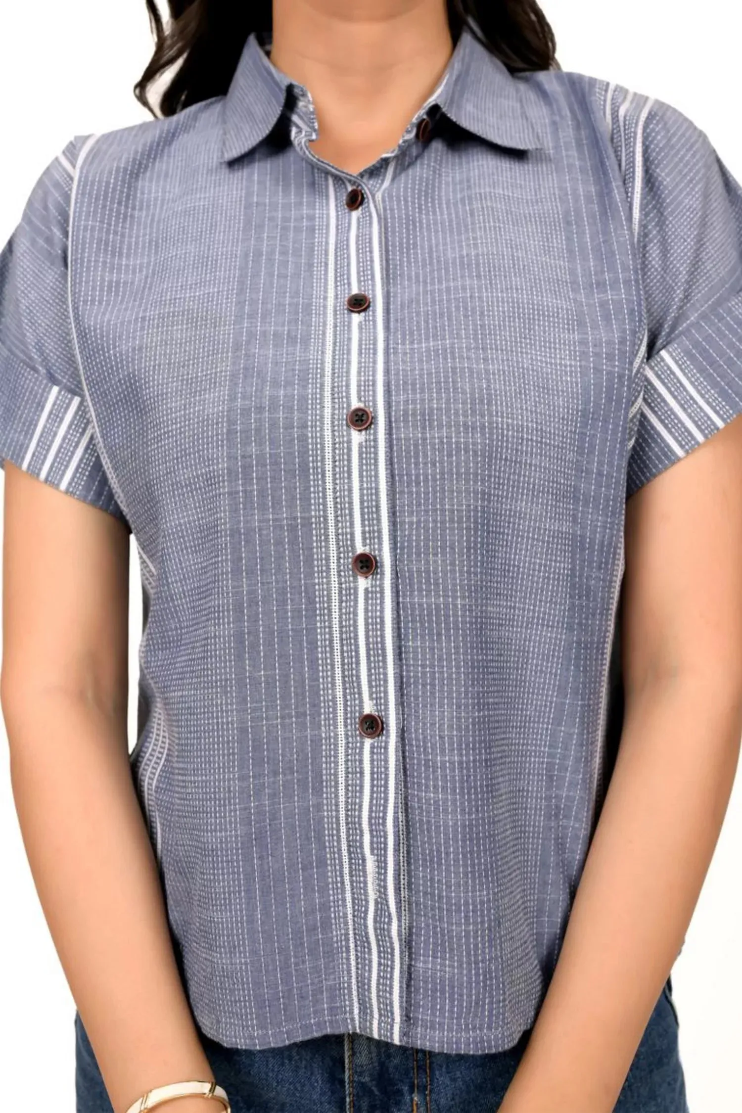 Grey And White Striped High Low Shirt