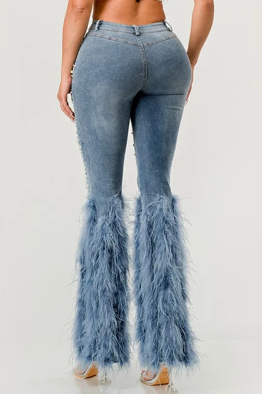 High Fashion- Distressed Pearl Embellished Feather Detail Jeans