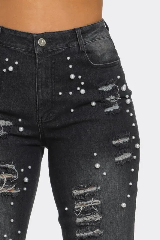 High Fashion- Distressed Pearl Embellished Feather Detail Jeans