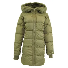 Jessica Simpson Women's Fur Trimmed Sherpa Lined Quilted Puffer Jacket Sage L