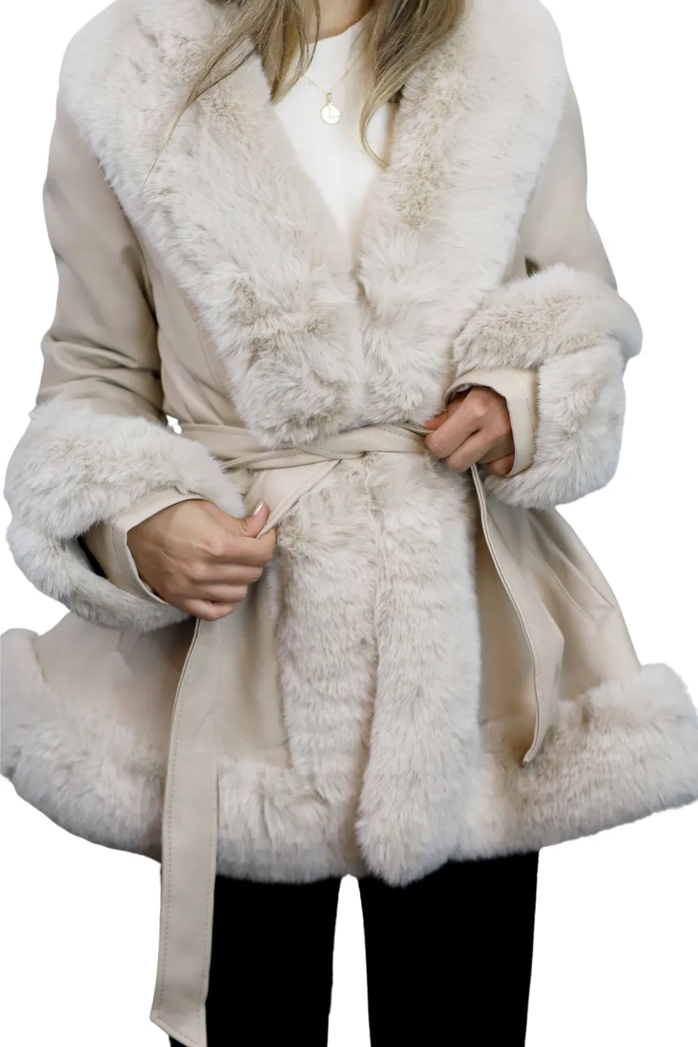 La Fiorentina - Belted Faux Fur-Trimmed Jacket - Beige