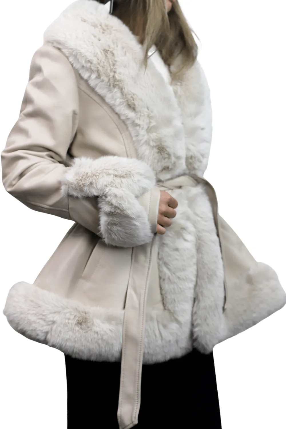 La Fiorentina - Belted Faux Fur-Trimmed Jacket - Beige