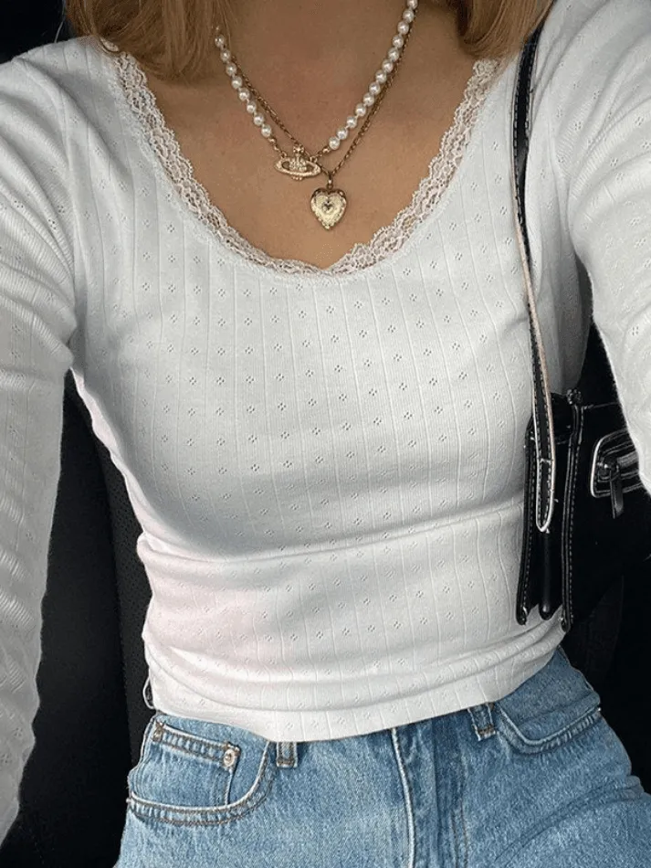 Lace Trim White Trendy Cropped Tank Top