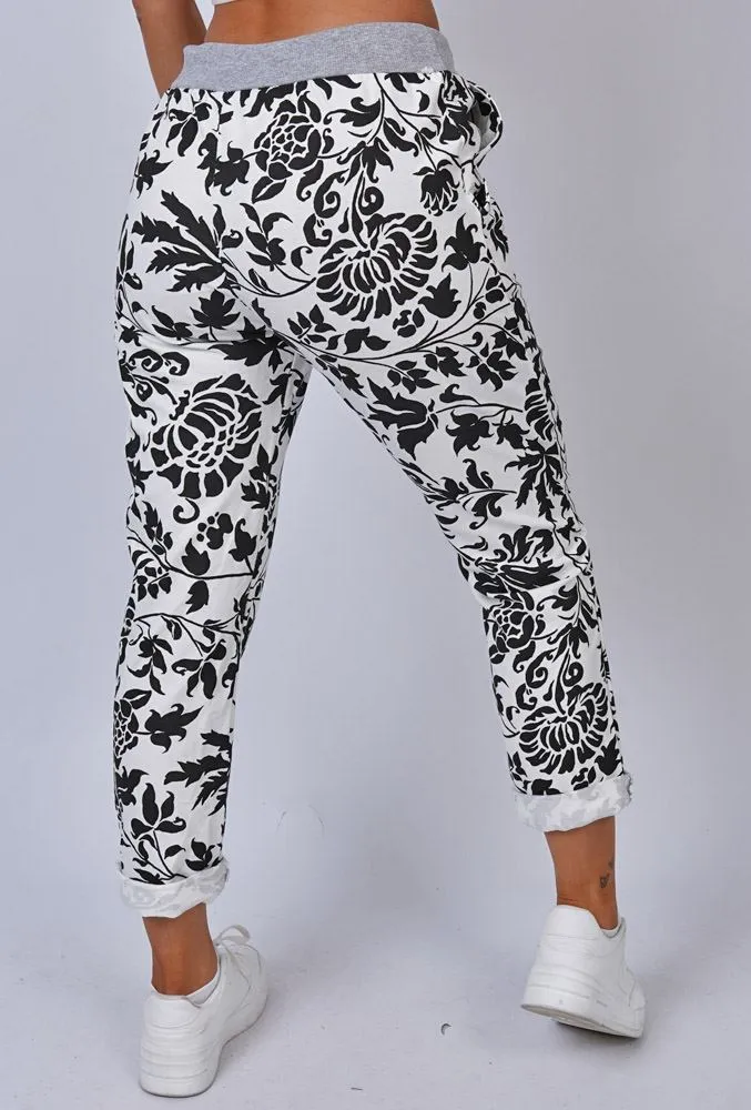 Leaf Print Drawstring Cotton Trousers