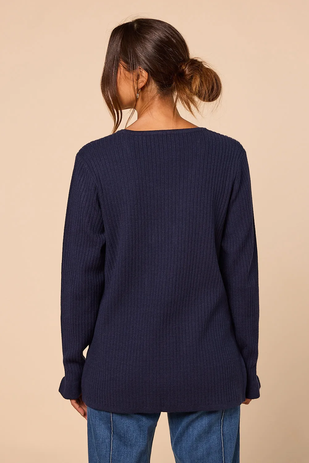 Long Sleeve Knitted Top in Navy