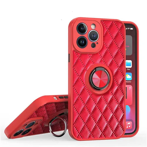 Luxury Leather Diamond Quilted Ring Holder Phone Case For Apple iPhone