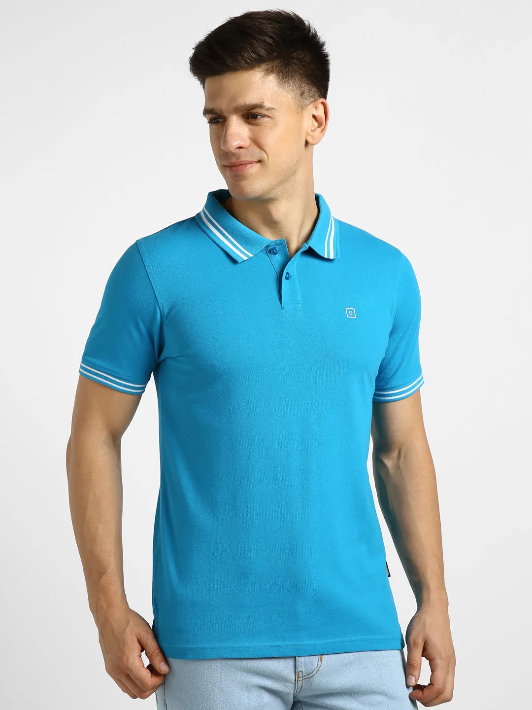 Men's Blue Solid Slim Fit Half Sleeve Cotton Polo T-Shirt