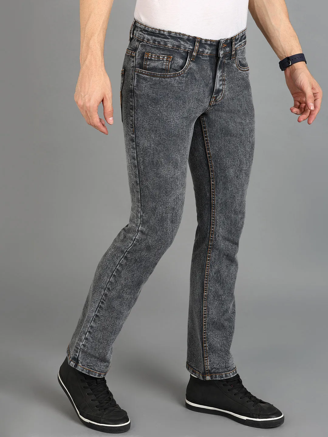 Men's Dark Grey Washed Bootcut Jeans Stretchable