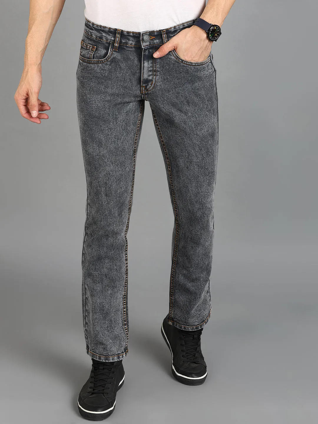 Men's Dark Grey Washed Bootcut Jeans Stretchable