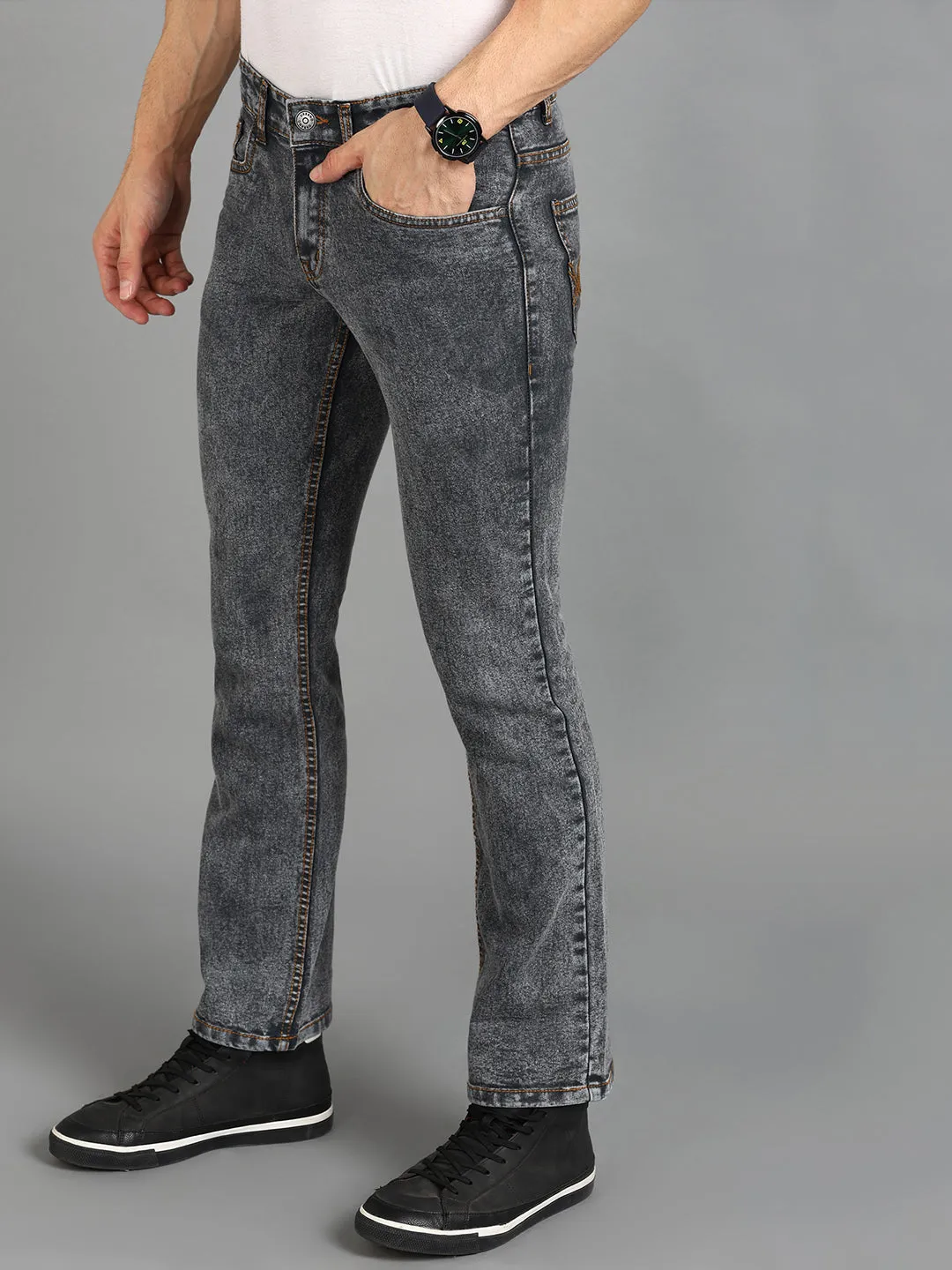 Men's Dark Grey Washed Bootcut Jeans Stretchable