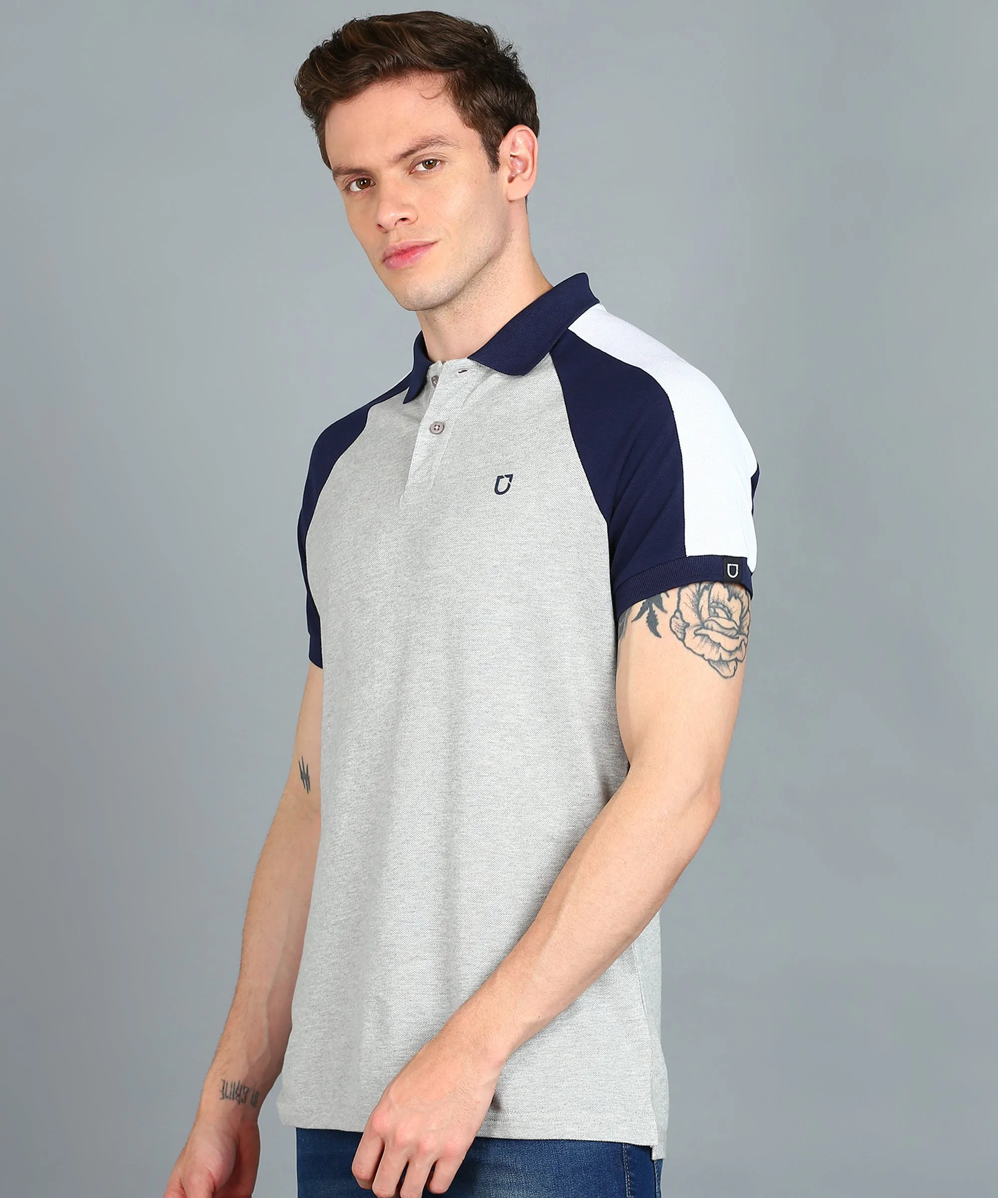 Men's Grey Melange, White, Navy Blue Colour-Block Slim Fit Half Sleeve Cotton Polo T-Shirt