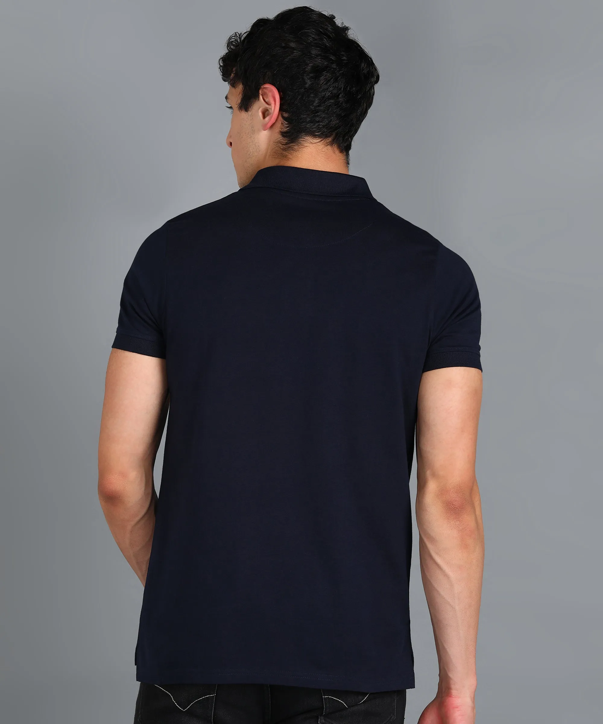 Men's Navy Blue, White, Gold Colour-Block Slim Fit Half Sleeve Cotton Polo T-Shirt