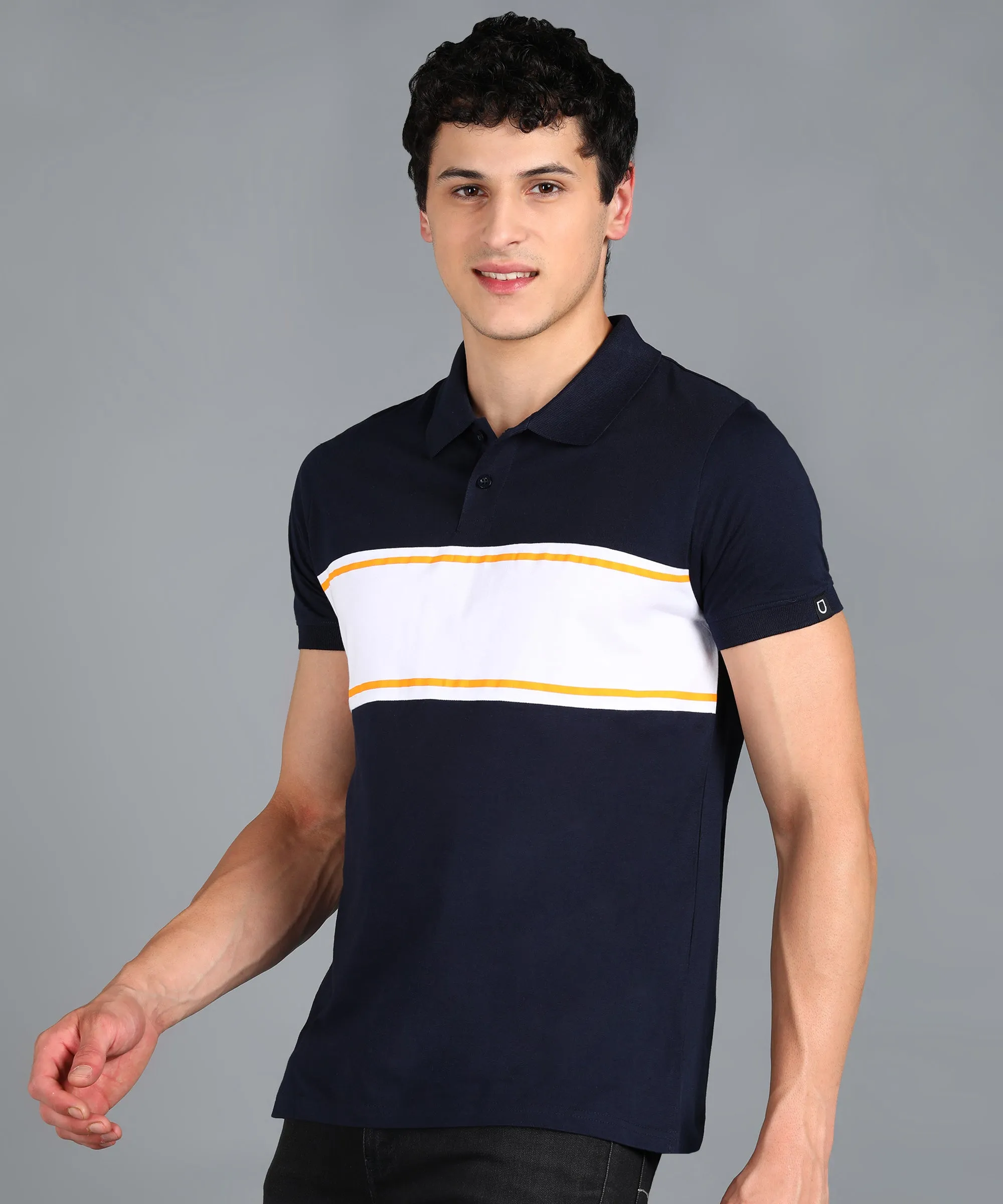 Men's Navy Blue, White, Gold Colour-Block Slim Fit Half Sleeve Cotton Polo T-Shirt