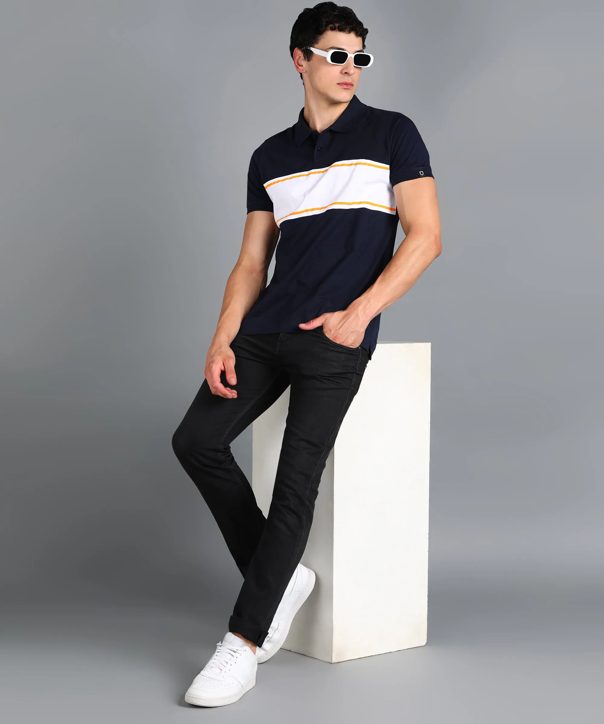 Men's Navy Blue, White, Gold Colour-Block Slim Fit Half Sleeve Cotton Polo T-Shirt