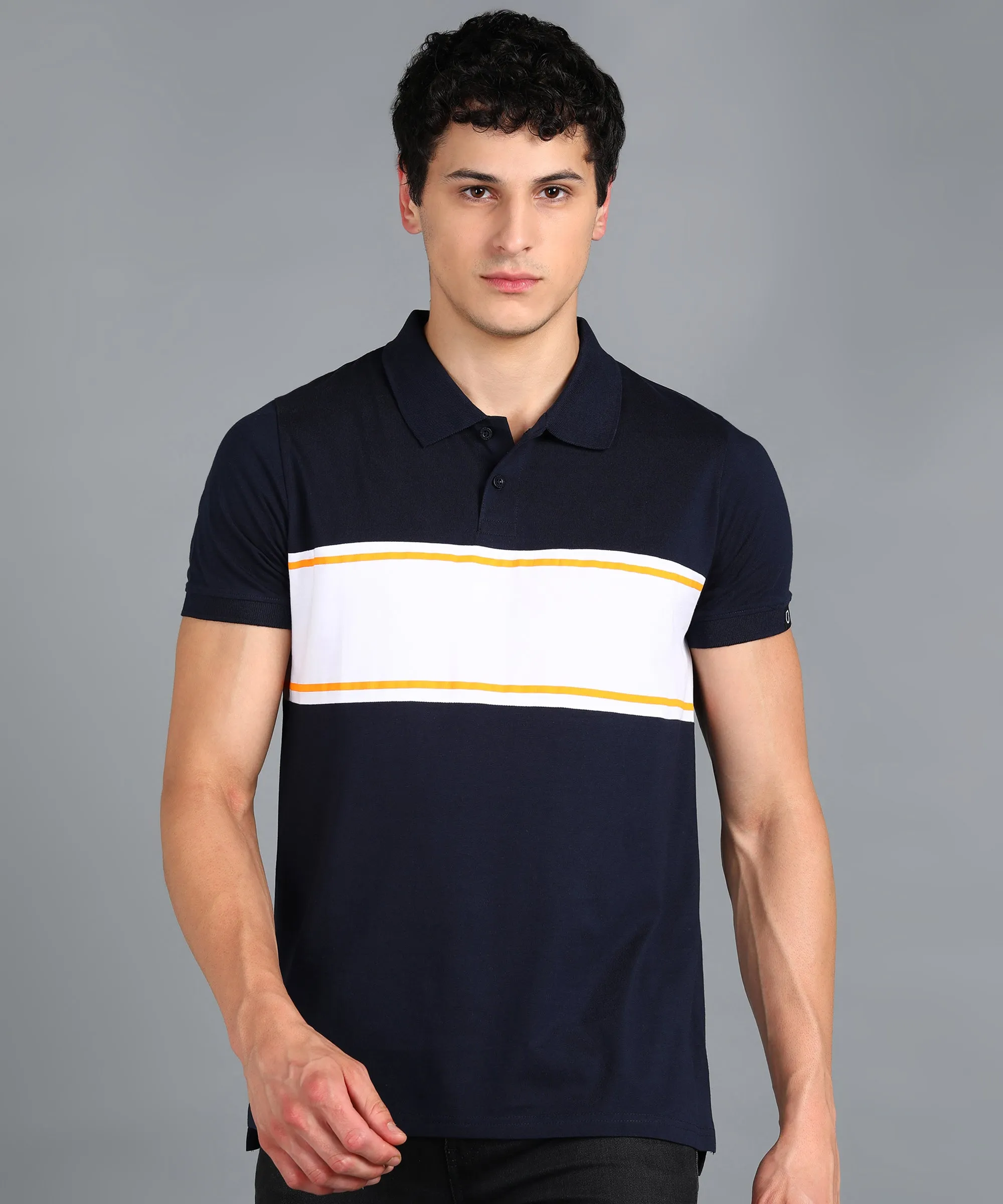 Men's Navy Blue, White, Gold Colour-Block Slim Fit Half Sleeve Cotton Polo T-Shirt