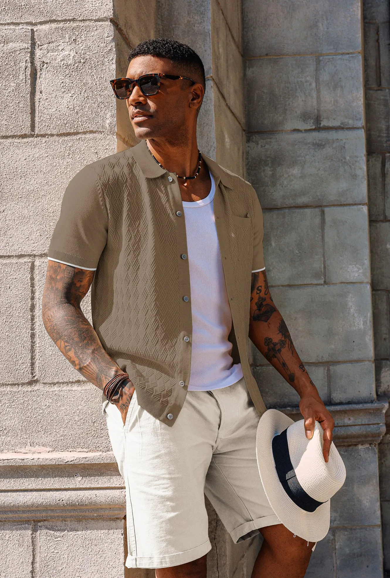 Men's Polo Cardigan Shirt Short Sleeve Textured Button Down Knit Polo Shirts