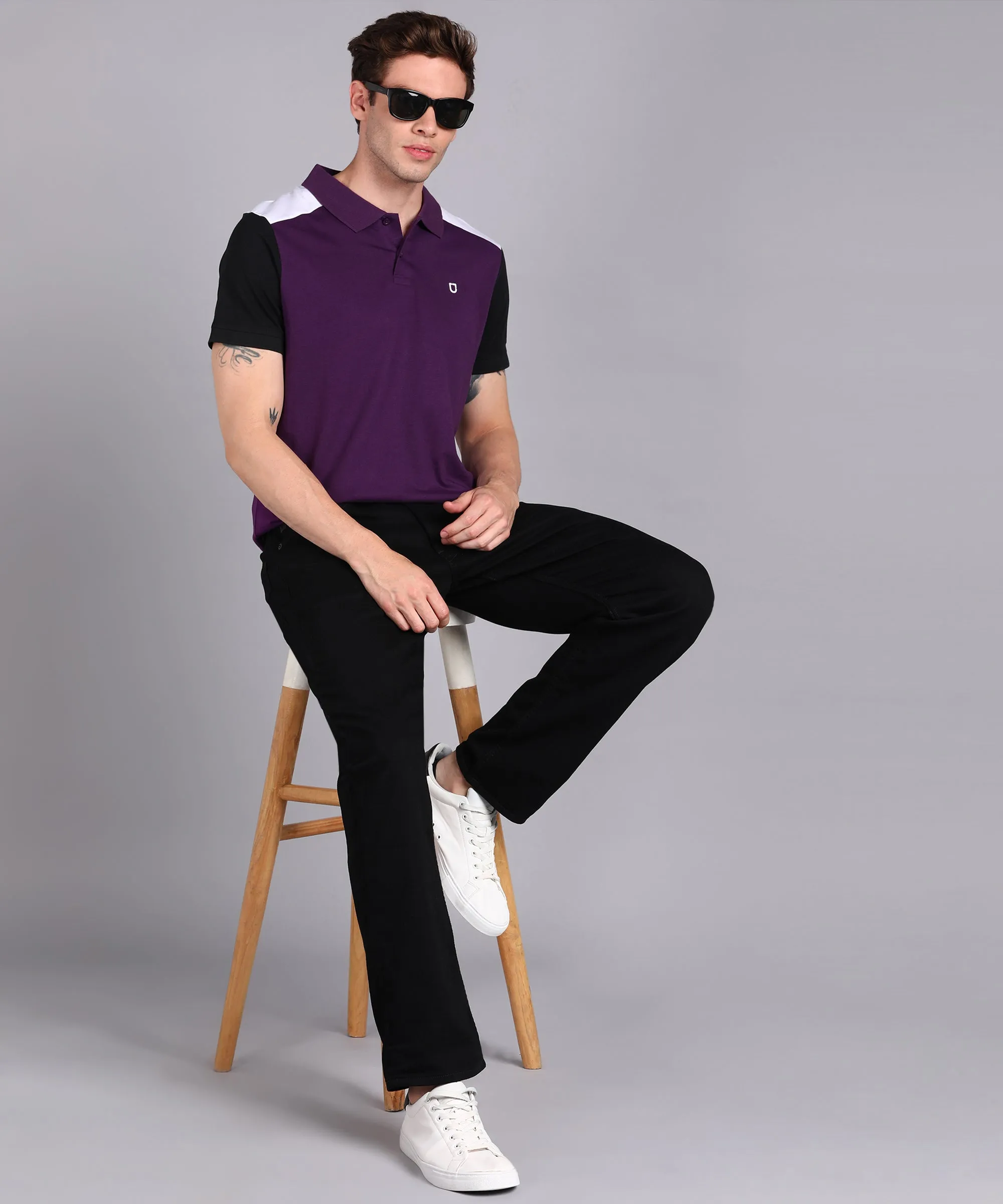 Men's Purple, Black, White Colour-Block Slim Fit Half Sleeve Cotton Polo T-Shirt