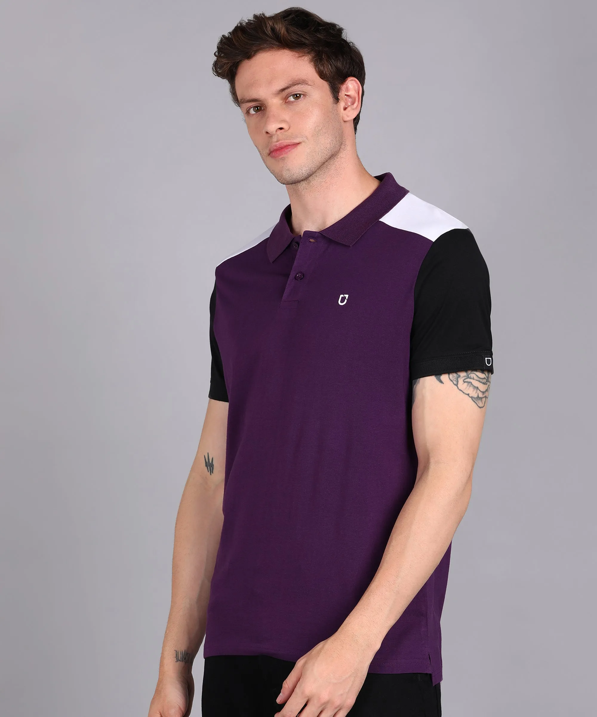 Men's Purple, Black, White Colour-Block Slim Fit Half Sleeve Cotton Polo T-Shirt