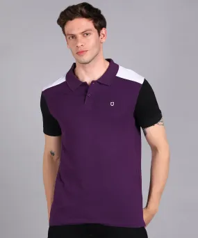 Men's Purple, Black, White Colour-Block Slim Fit Half Sleeve Cotton Polo T-Shirt