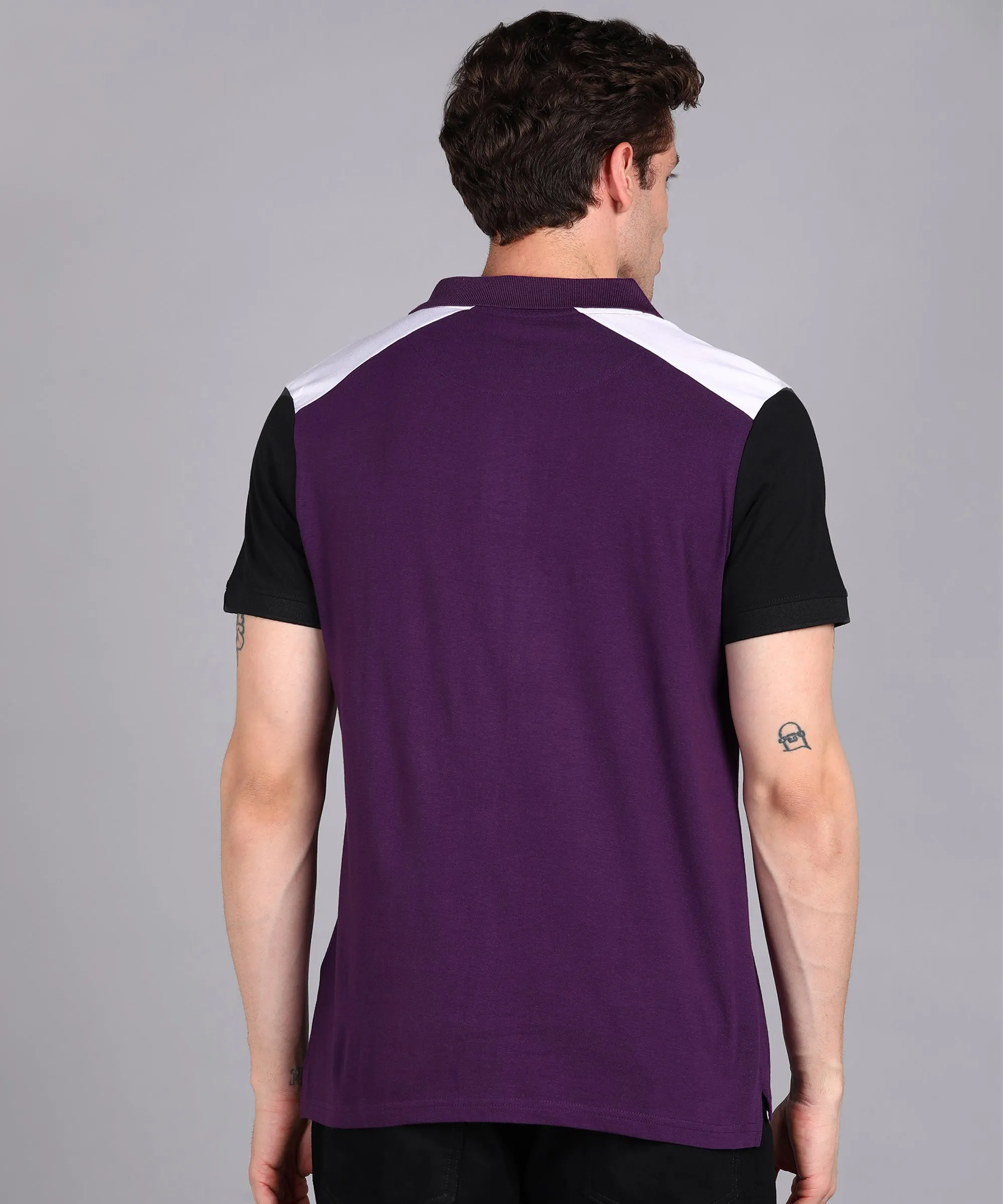 Men's Purple, Black, White Colour-Block Slim Fit Half Sleeve Cotton Polo T-Shirt