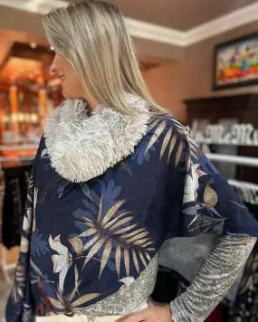 Mosi Poncho - Navy blue with Flowers