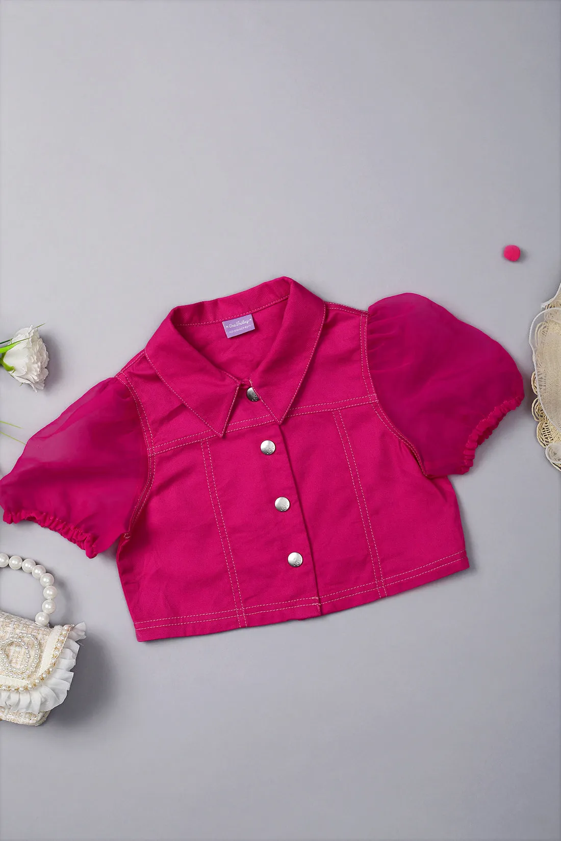 One Friday Kids Girls Collared Cotton Pink Jacket Crop Top