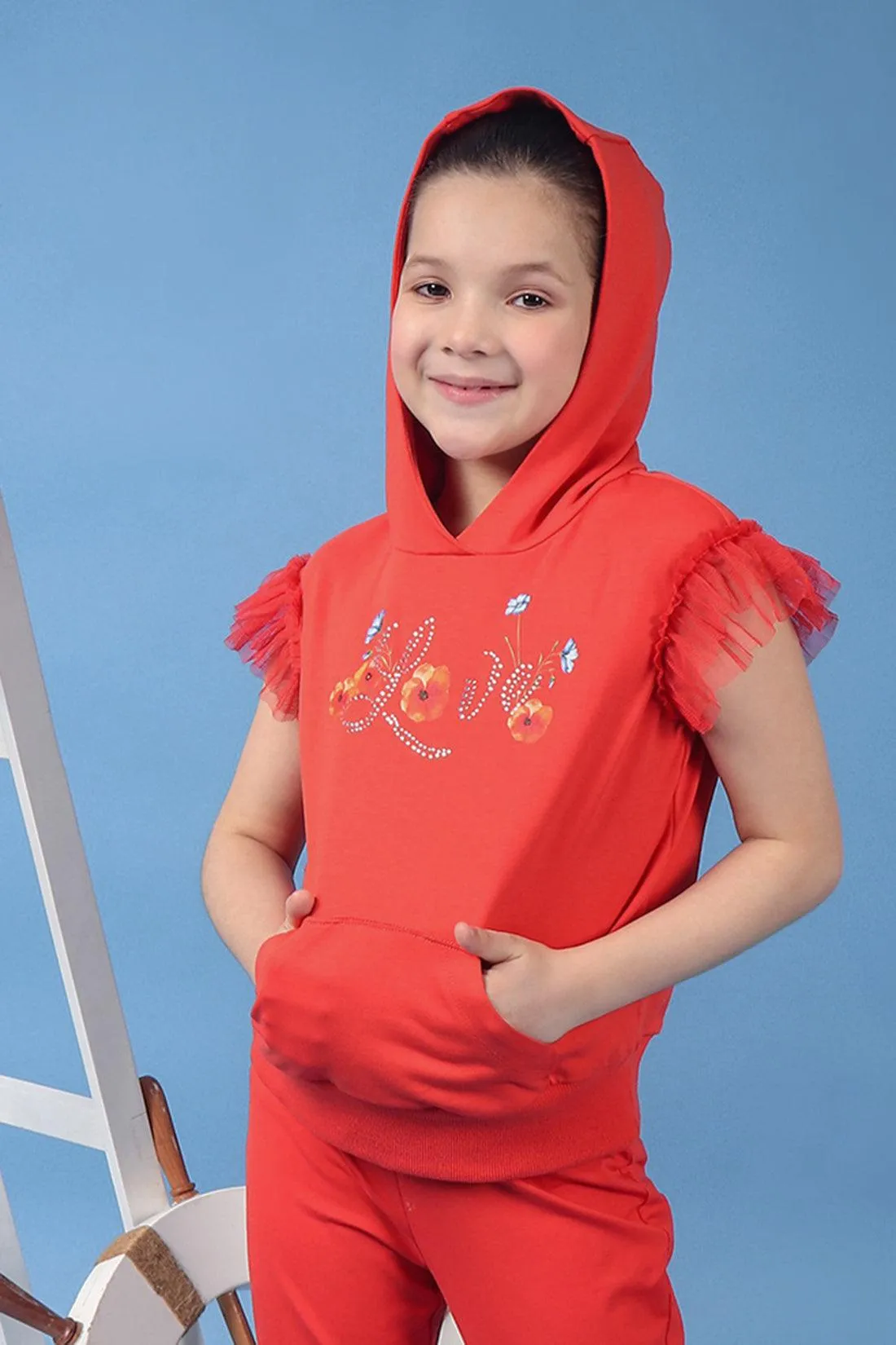 One Friday Kids Girls Red Cotton Hooded Neckline Top With Placement Print