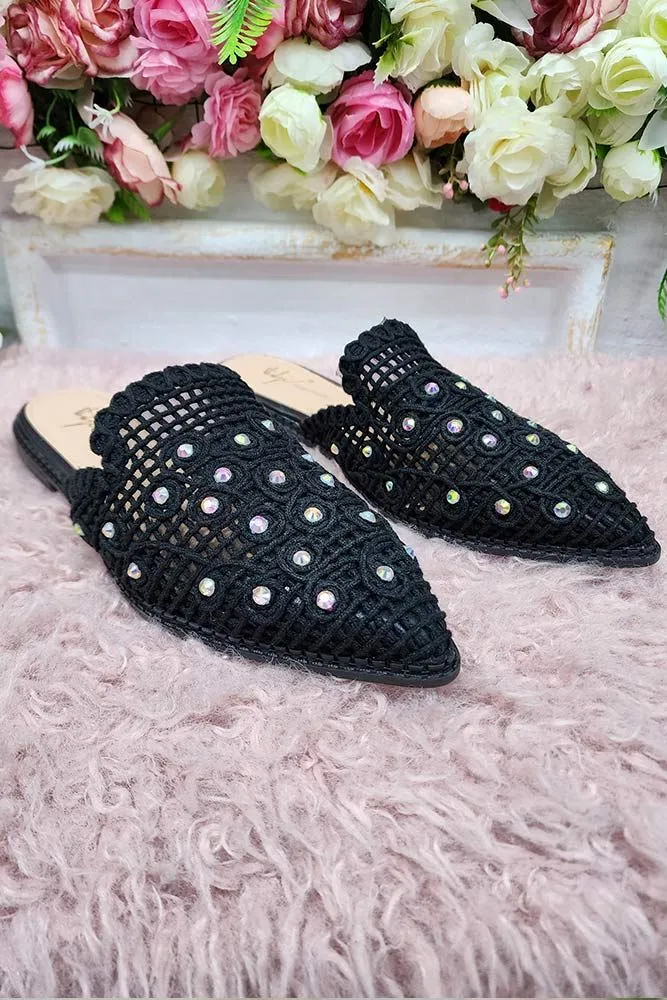 Pearl Mesh Pointed Toe Mules Slipper