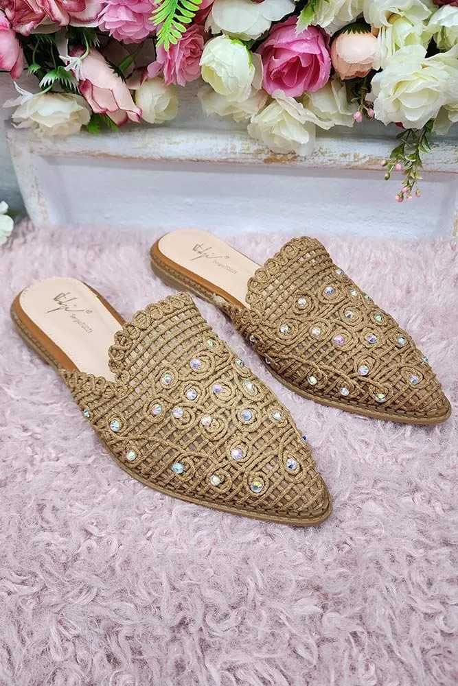 Pearl Mesh Pointed Toe Mules Slipper